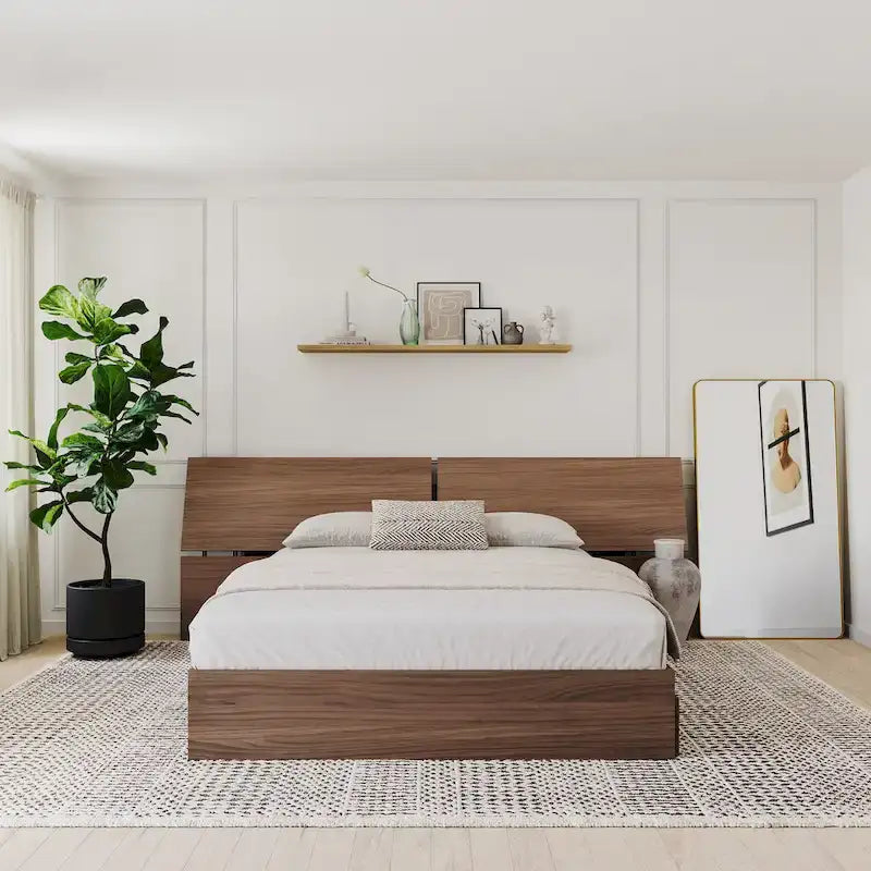 Nexera Storage Bed with Headboard, Walnut