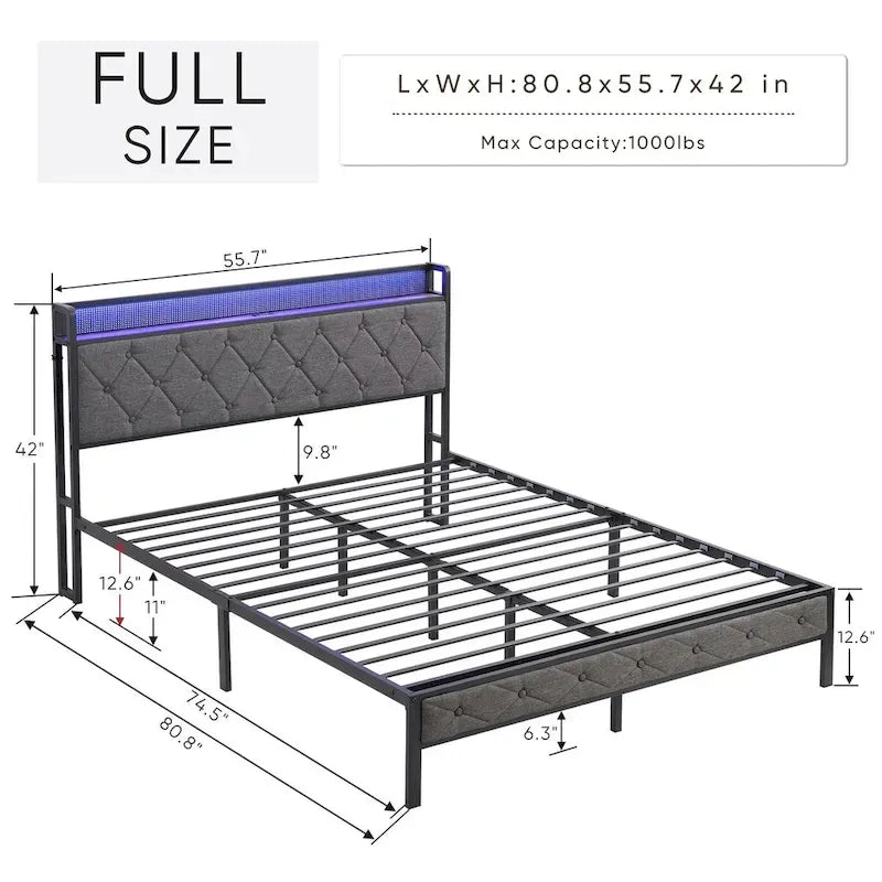 Full Bed Frame with Charging Station and LED Lights, Upholstered Platform Bed with Heavy Metal Slats, No Box Spring Needed