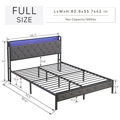 Full Bed Frame with Charging Station and LED Lights, Upholstered Platform Bed with Heavy Metal Slats, No Box Spring Needed