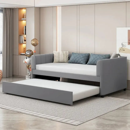 Twin Size Upholstered Daybed with Ergonomic Design Backrest and Trundle