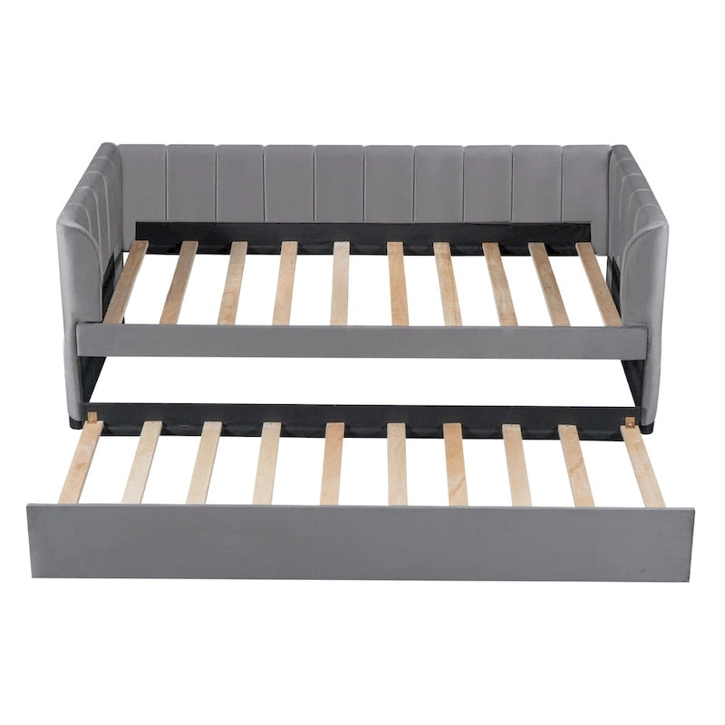Twin Size Upholstered Daybed with Ergonomic Design Backrest and Trundle