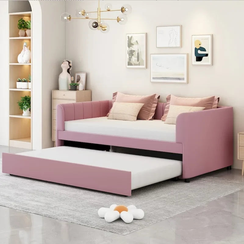 Twin Size Upholstered Daybed with Ergonomic Design Backrest and Trundle