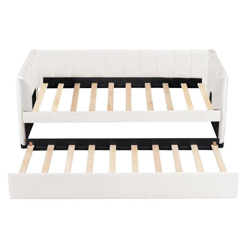 Twin Size Upholstered Daybed with Ergonomic Design Backrest and Trundle