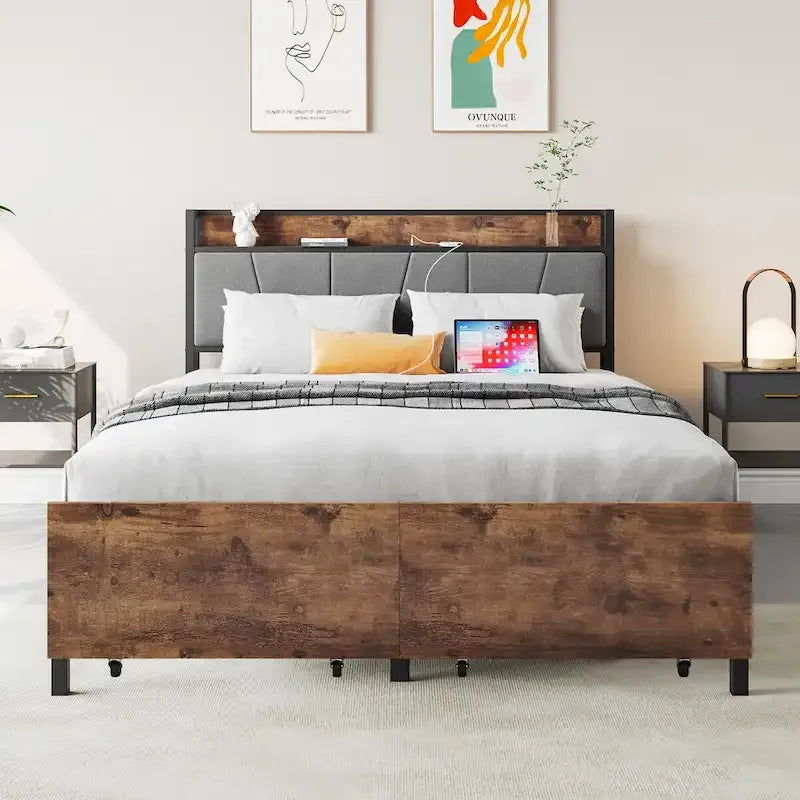 Storage Headboard Metal Bed Frame with 2 Drawers