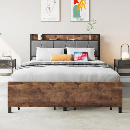 Storage Headboard Metal Bed Frame with 2 Drawers