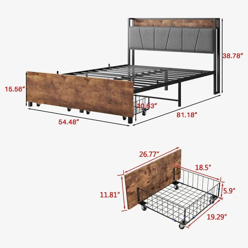Storage Headboard Metal Bed Frame with 2 Drawers