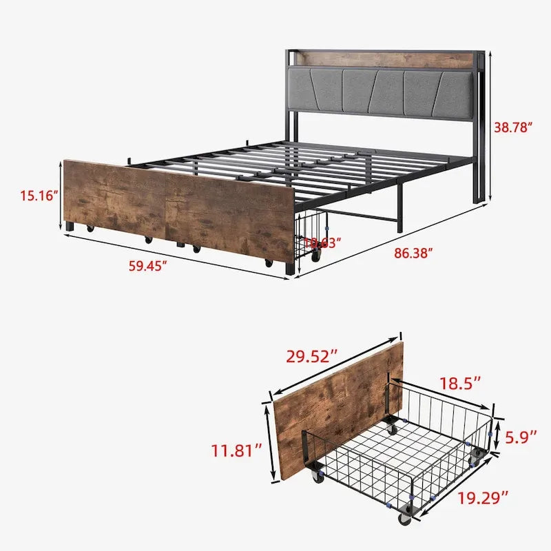 Storage Headboard Metal Bed Frame with 2 Drawers