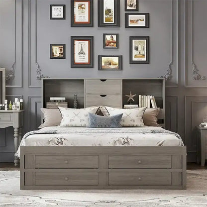 King Size Platform Bed with Storage Headboard and 8 Drawers