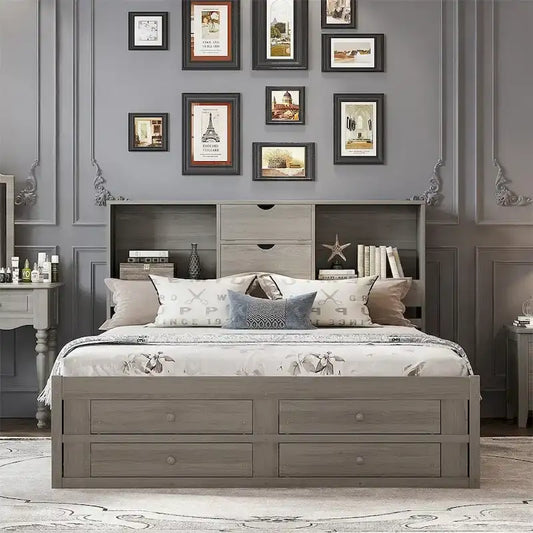 King Size Platform Bed with Storage Headboard and 8 Drawers