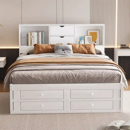 King Size Platform Bed with Storage Headboard and 8 Drawers