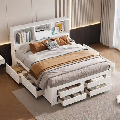 King Size Platform Bed with Storage Headboard and 8 Drawers