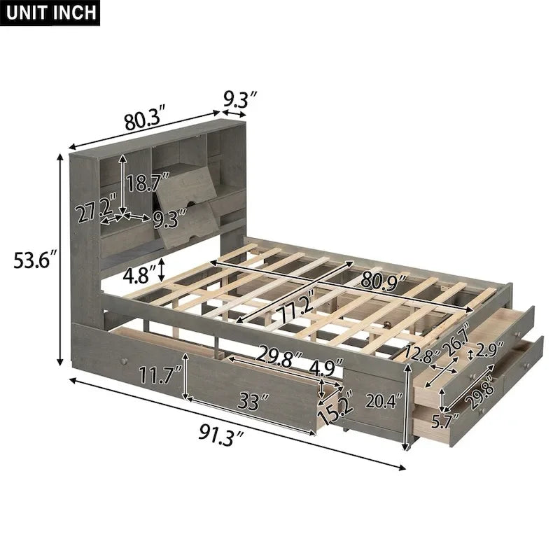 King Size Platform Bed with Storage Headboard and 8 Drawers