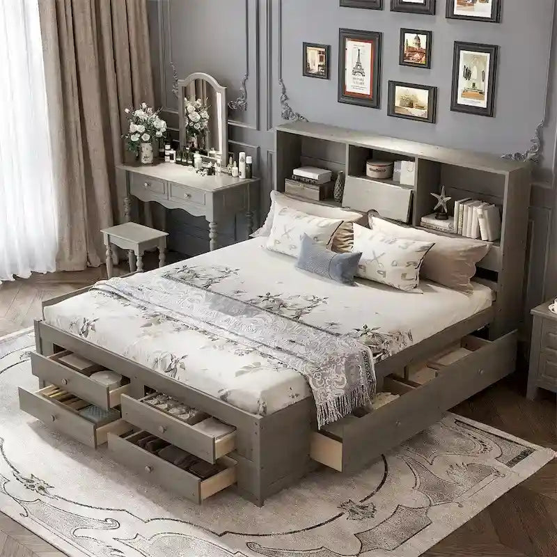 King Size Platform Bed with Storage Headboard and 8 Drawers