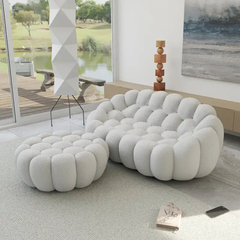 3D Honeycomb Fabric Upholstered Bubble Sofa Modern Loveseat with Ottoman