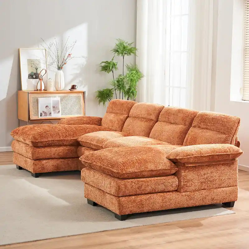 U-shaped profile sofa, including two single seats and two chaise, modular sofa, Chenille sofa
