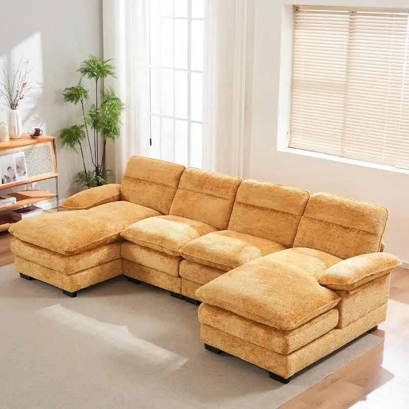 U-shaped profile sofa, including two single seats and two chaise, modular sofa, Chenille sofa