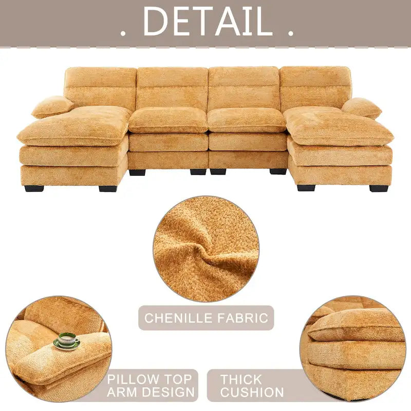 U-shaped profile sofa, including two single seats and two chaise, modular sofa, Chenille sofa