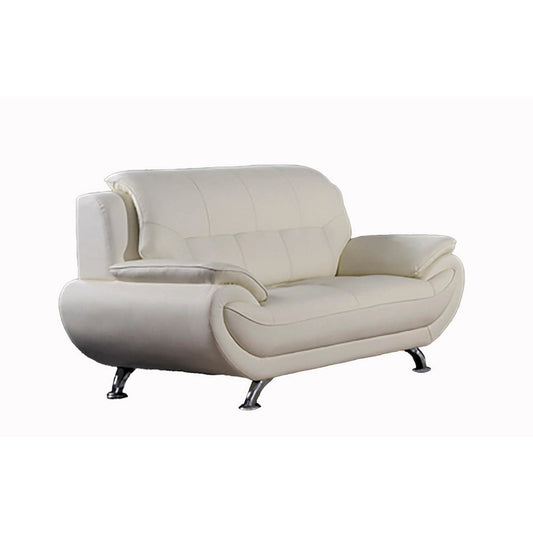 Deni 67 Inch Loveseat, Tufted Ivory Real Leather, Chrome Metal Legs