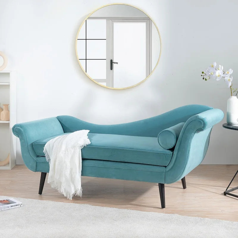 Chaise Lounge Indoor with Scroll Arms,Upholstered Chair Recliner Couch with Rolled Accent Pillow and Solid Wood Legs