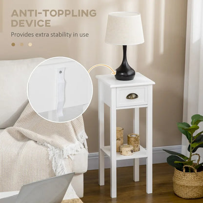 2-Tier Side Table with Drawer, Narrow End Table with Bottom Shelf, for Living Room or Bedroom, White