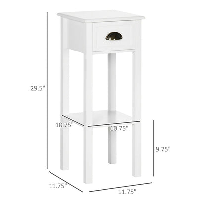 2-Tier Side Table with Drawer, Narrow End Table with Bottom Shelf, for Living Room or Bedroom, White