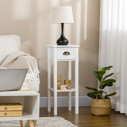 2-Tier Side Table with Drawer, Narrow End Table with Bottom Shelf, for Living Room or Bedroom, White
